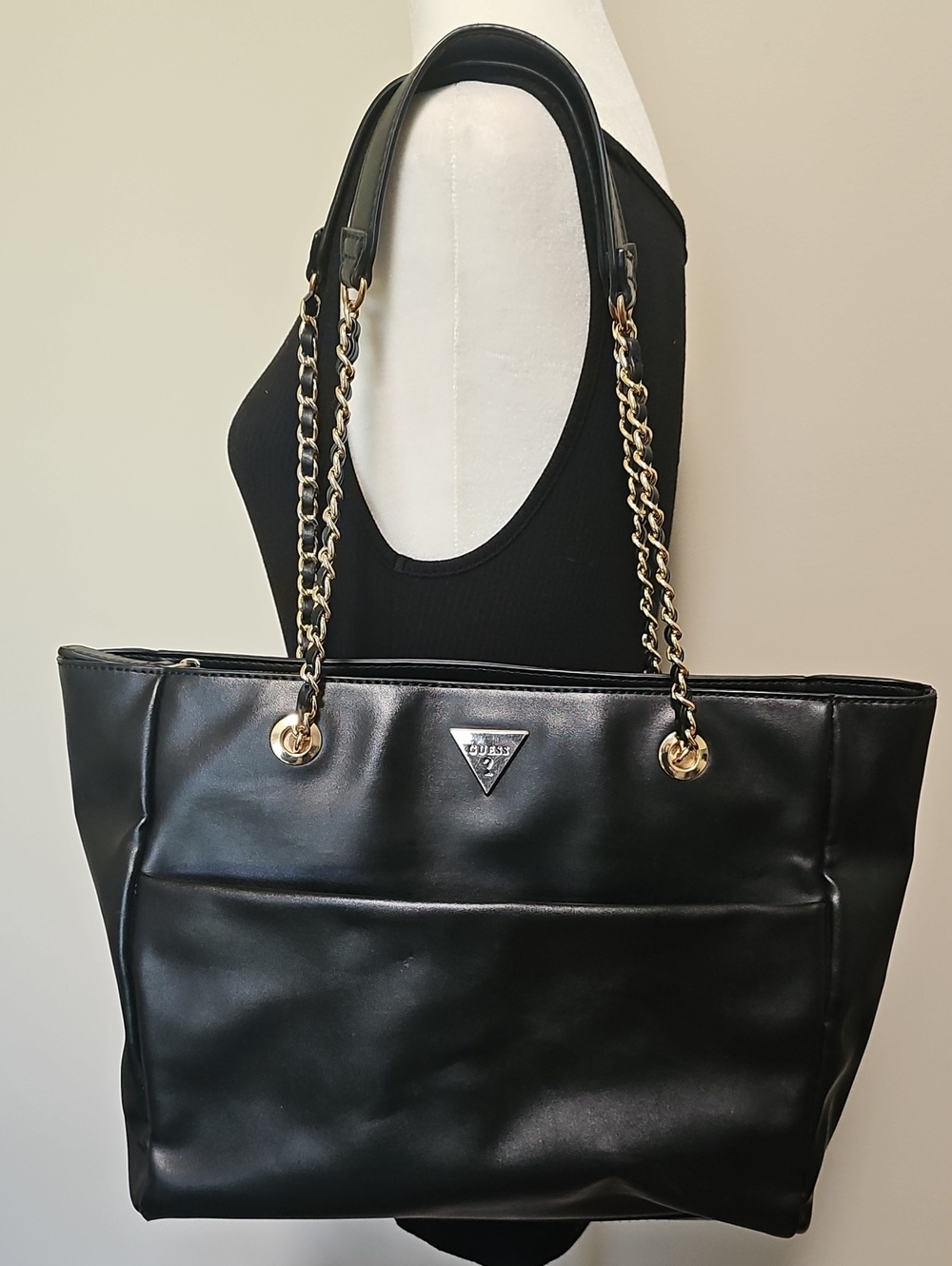 GUESS Black Faux Leather Tote with Gold Chain Straps